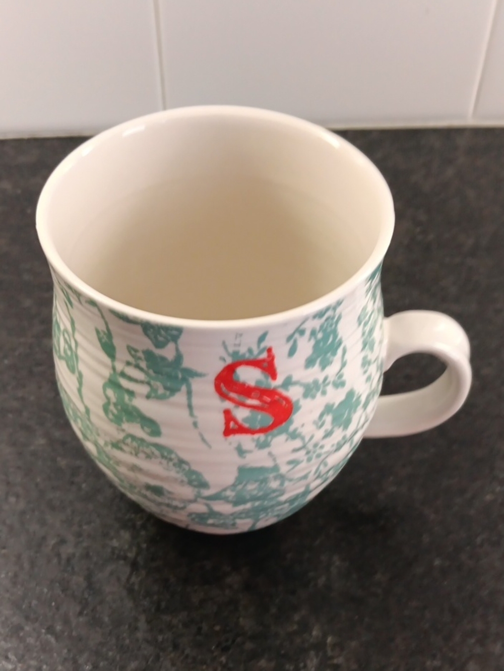 Anthropologie S Mug - Green Pattern with Red 'S'